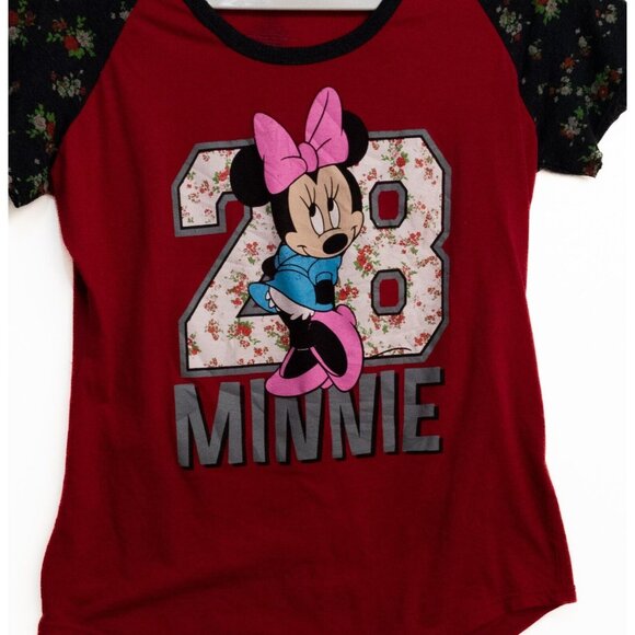 Disney Womens Red Black Polycotton T-Shirt Minnie Mouse 28 Floral Round Neck XL - Picture 5 of 8